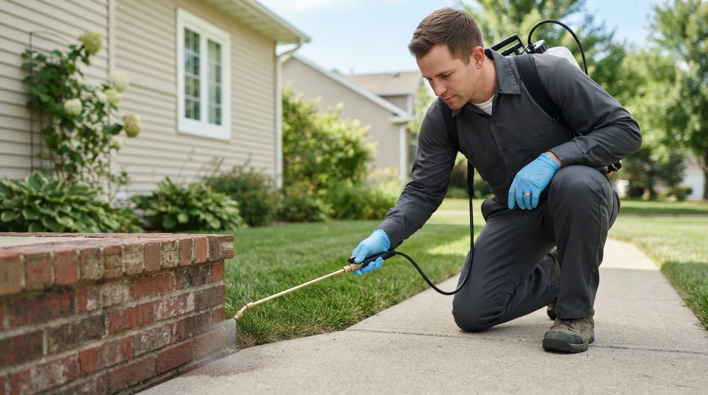 Pest control technician treating a home near Ovid, CO