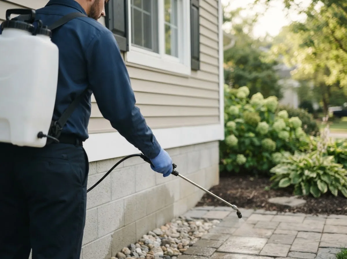 Pest control technician inspecting a home in Ovid, CO